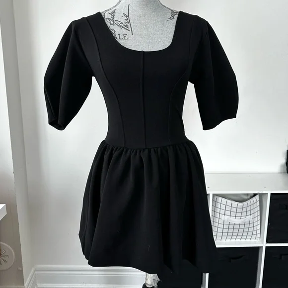 Zara Black Corset Fit & Flare Dress Puff Sleeve Size M - Picture 2 of 9